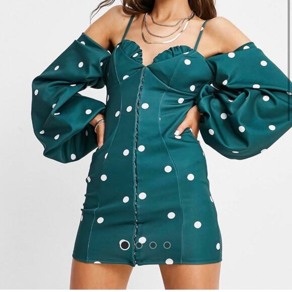 ASOS Dresses & Skirts - ASOS Polka Dot Cold Shoulder Dress Size 10 Green Cream NWT